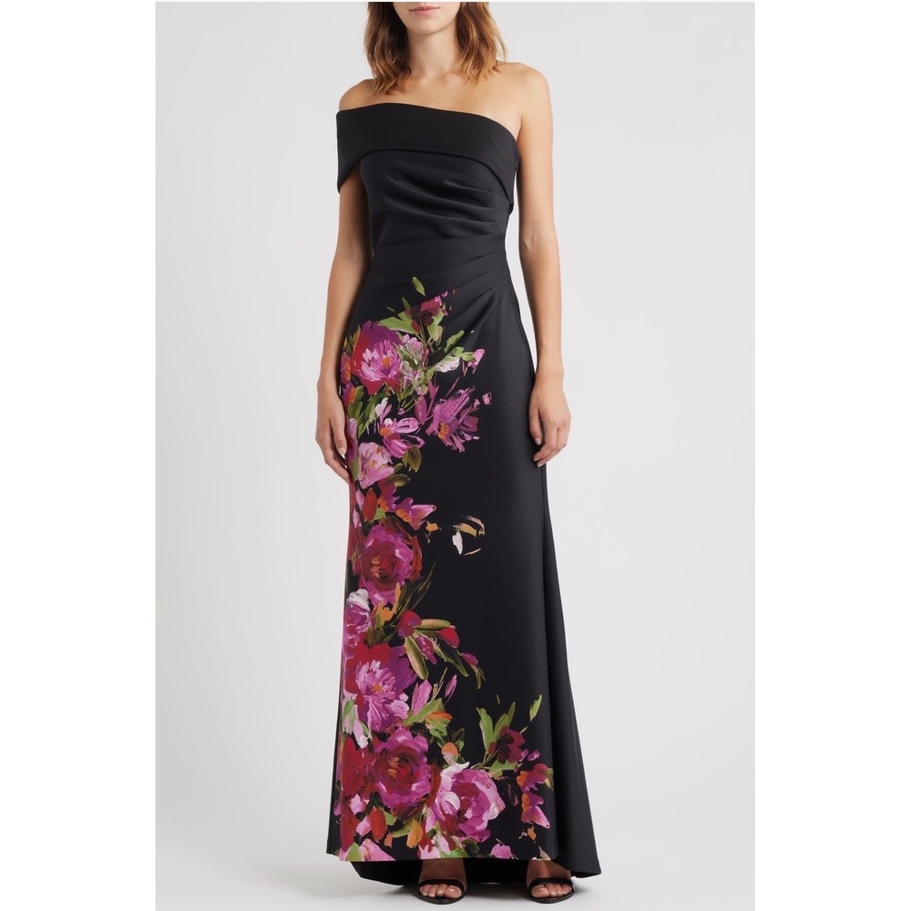 New Eliza J Womens One Shoulder Floral Ruched Maxi Gown Black Pink Size 6